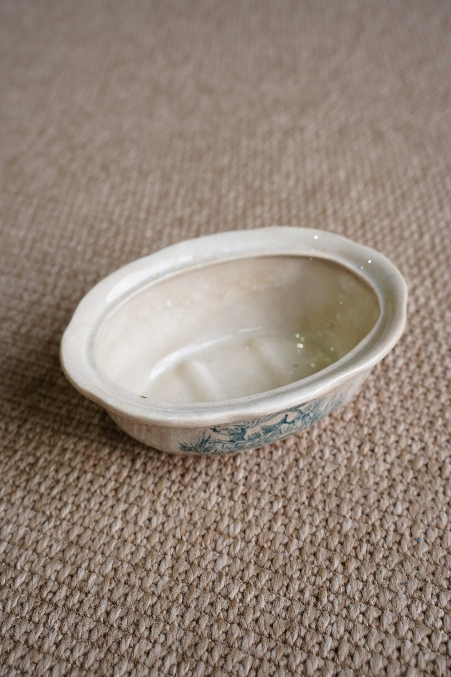 Vintage French Faience Soap Dish, Boar Hunting Transfer