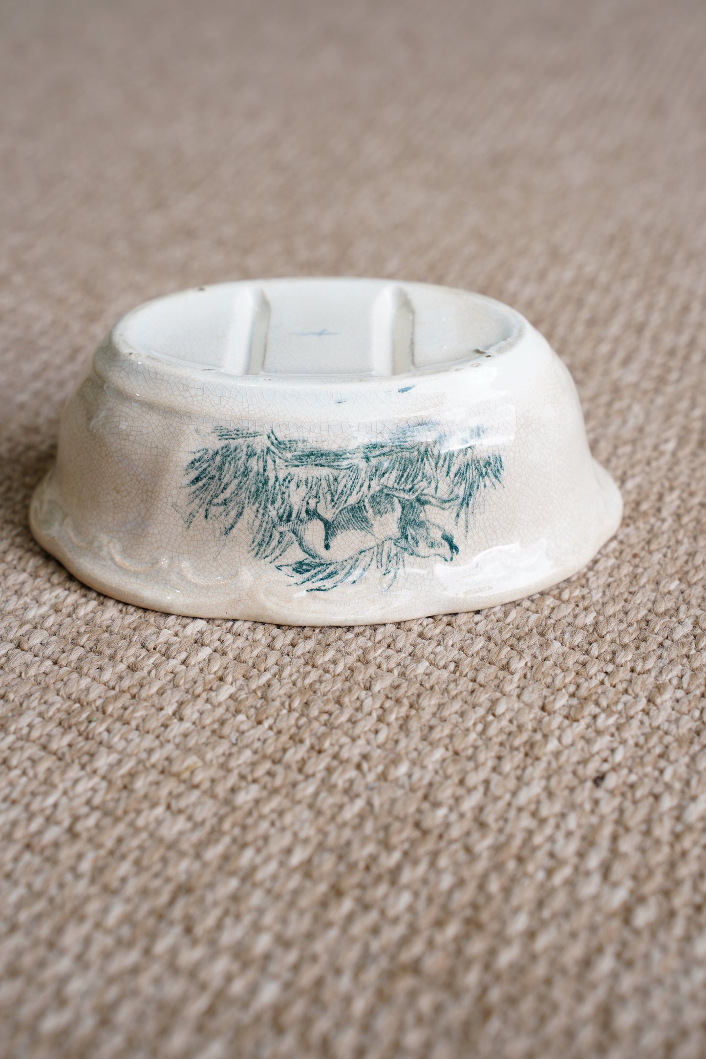 Vintage French Faience Soap Dish, Boar Hunting Transfer