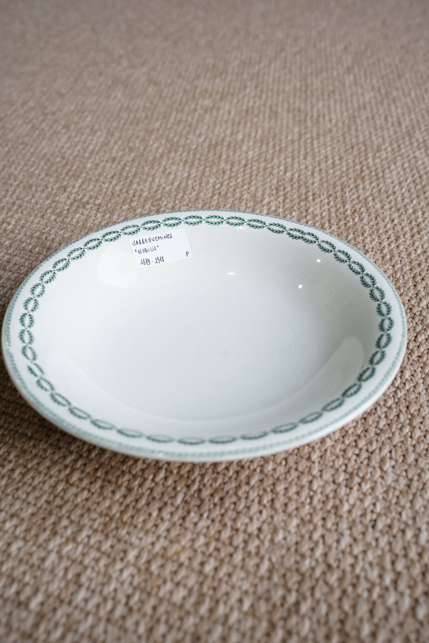 French Green Transferware Bowl, Laurel Border, Circa 1920s