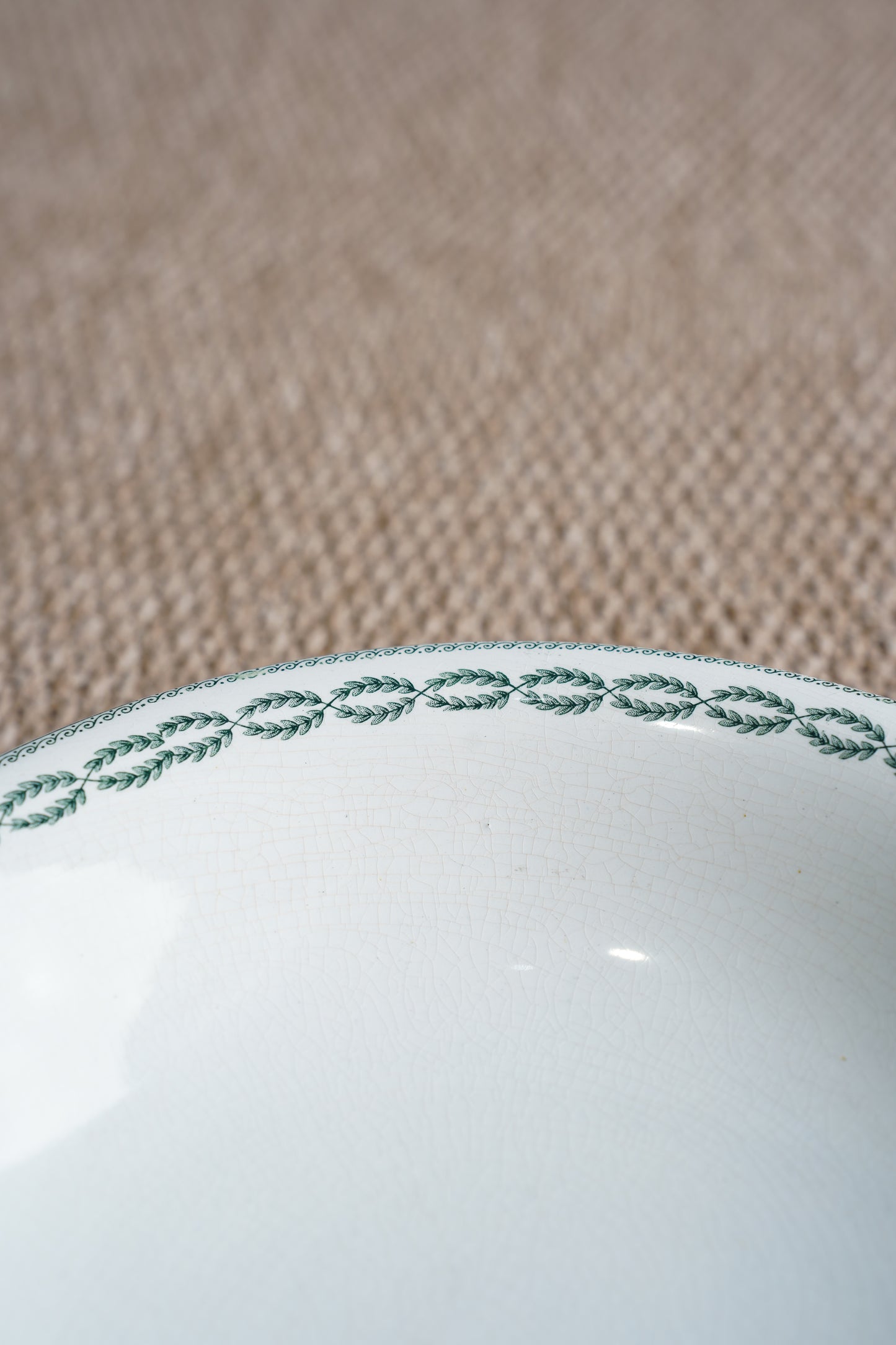 French Green Transferware Bowl, Laurel Border, Circa 1920s