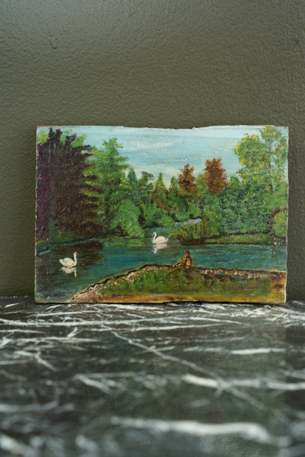 Vintage European Swan Lake Oil Painting, Unframed
