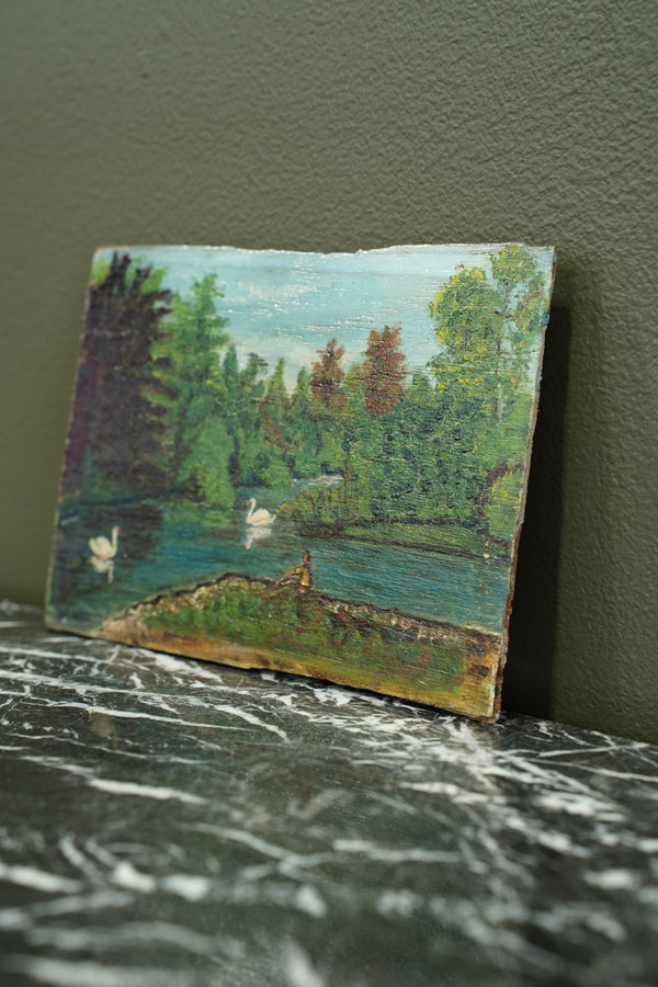 Vintage European Swan Lake Oil Painting, Unframed secondary view