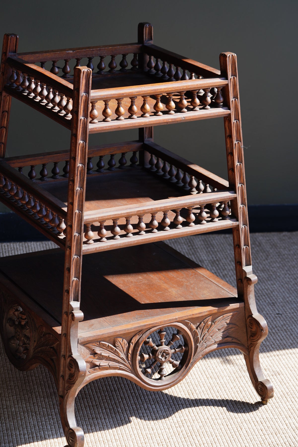 Antique Breton Oak Etagere with Carved Ship Wheel, Circa 1890