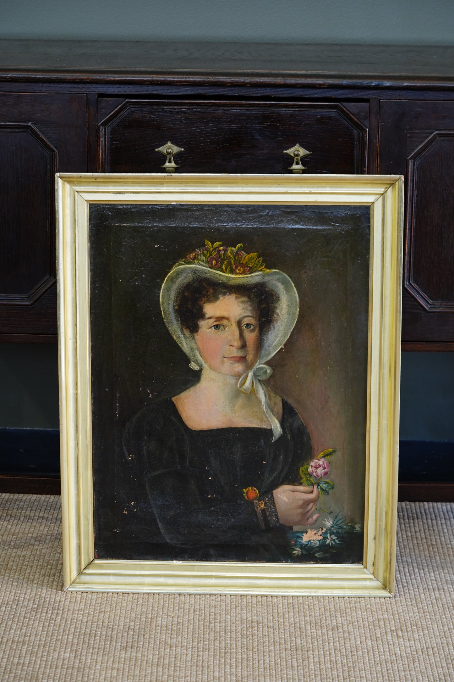 Antique French Bonnet Portrait Painting of a Woman Holding a Rose