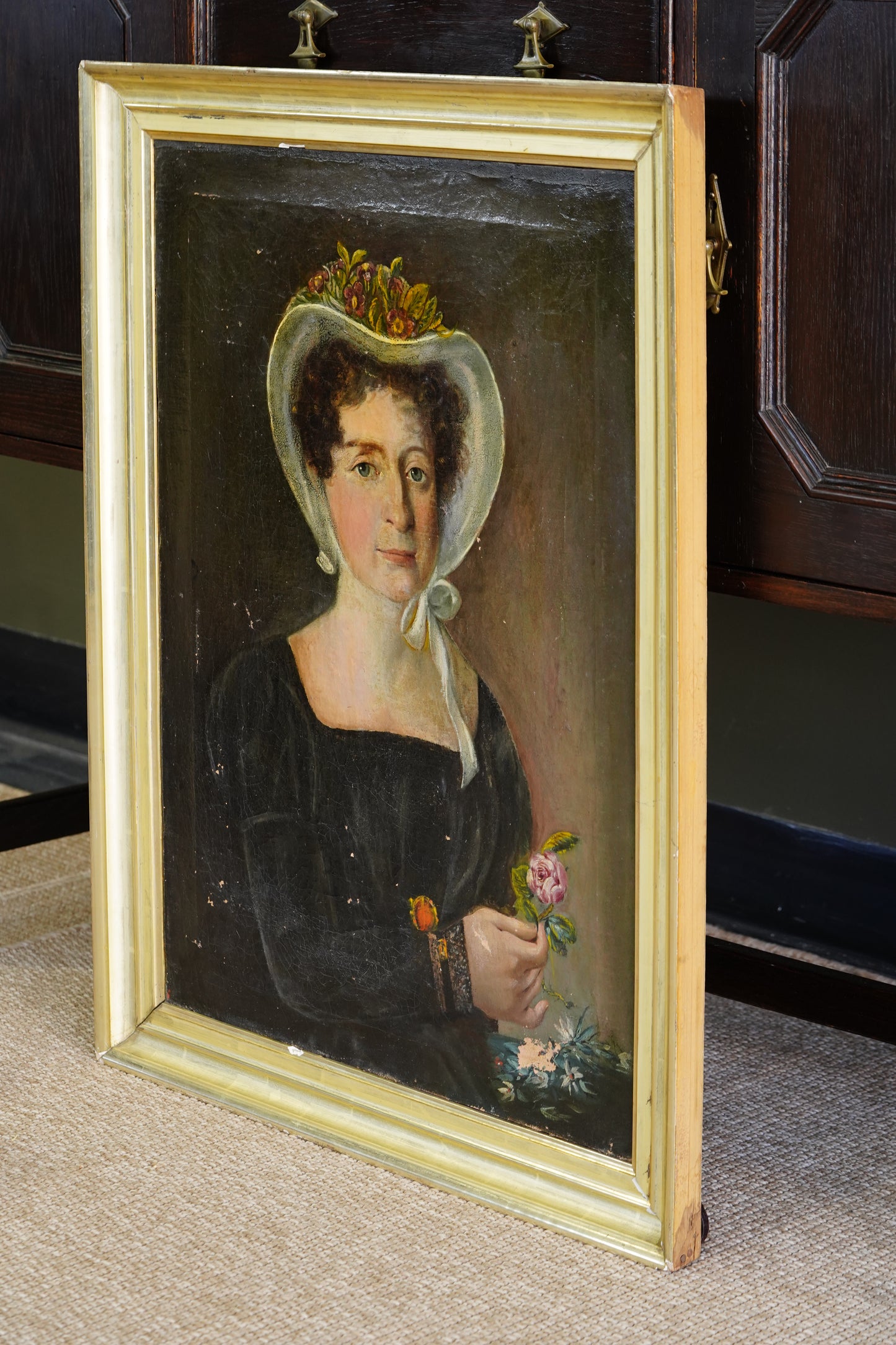 Antique French Bonnet Portrait Painting of a Woman Holding a Rose