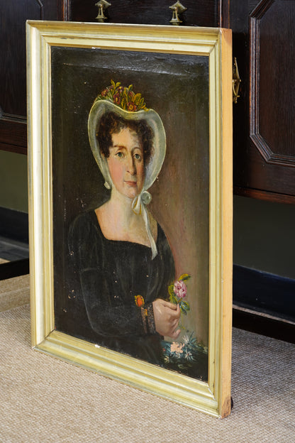 Antique French Bonnet Portrait Painting of a Woman Holding a Rose