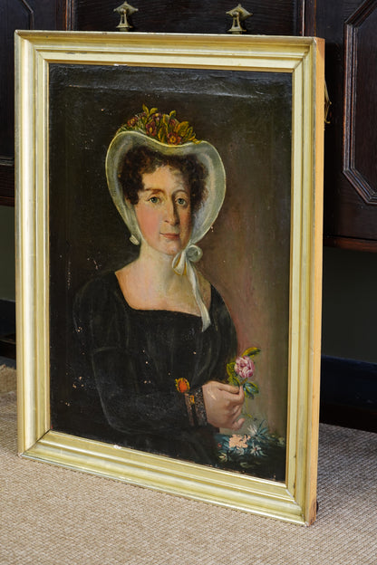 Antique French Bonnet Portrait Painting of a Woman Holding a Rose