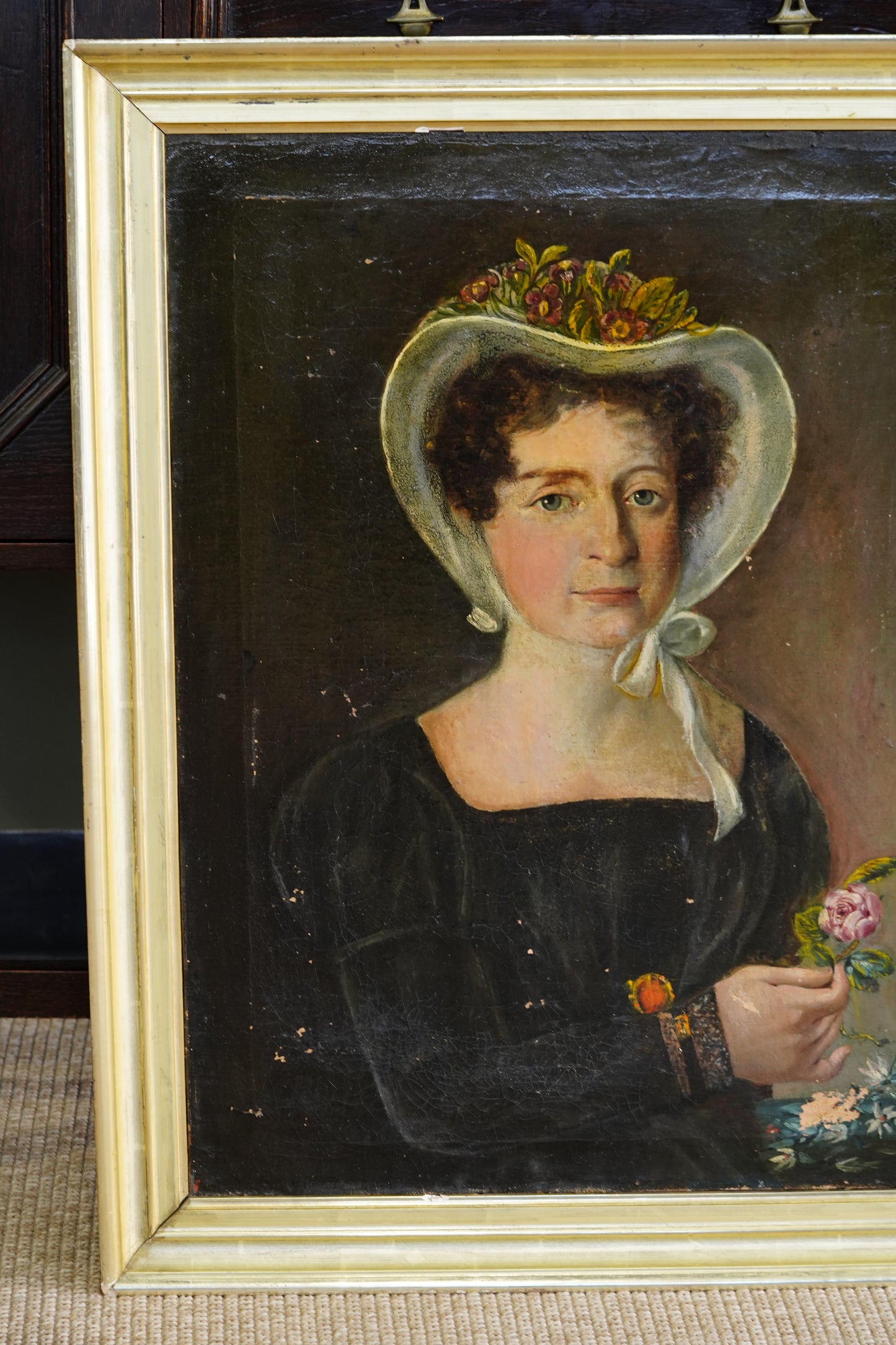Antique French Bonnet Portrait Painting of a Woman Holding a Rose
