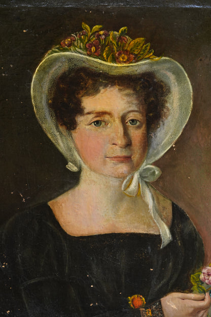 Antique French Bonnet Portrait Painting of a Woman Holding a Rose