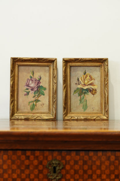 Pair of Signed Antique Rose Oil Paintings, Signed A.G.