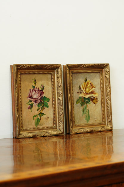 Pair of Signed Antique Rose Oil Paintings, Signed A.G.
