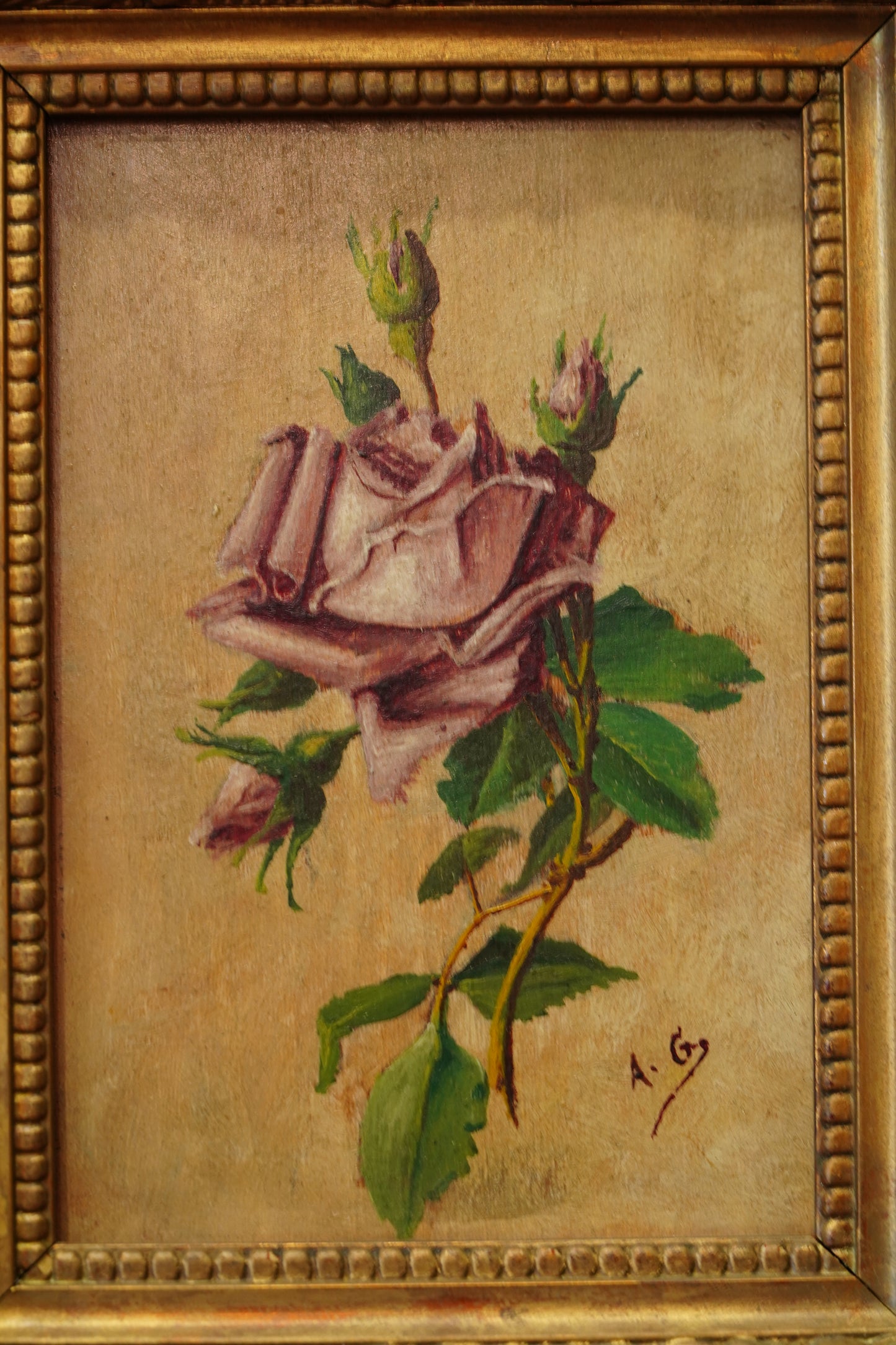 Pair of Signed Antique Rose Oil Paintings, Signed A.G.