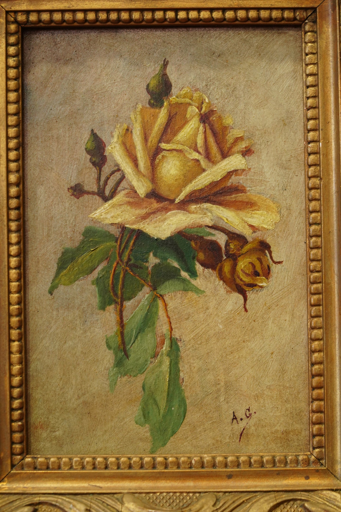 Pair of Signed Antique Rose Oil Paintings, Signed A.G.