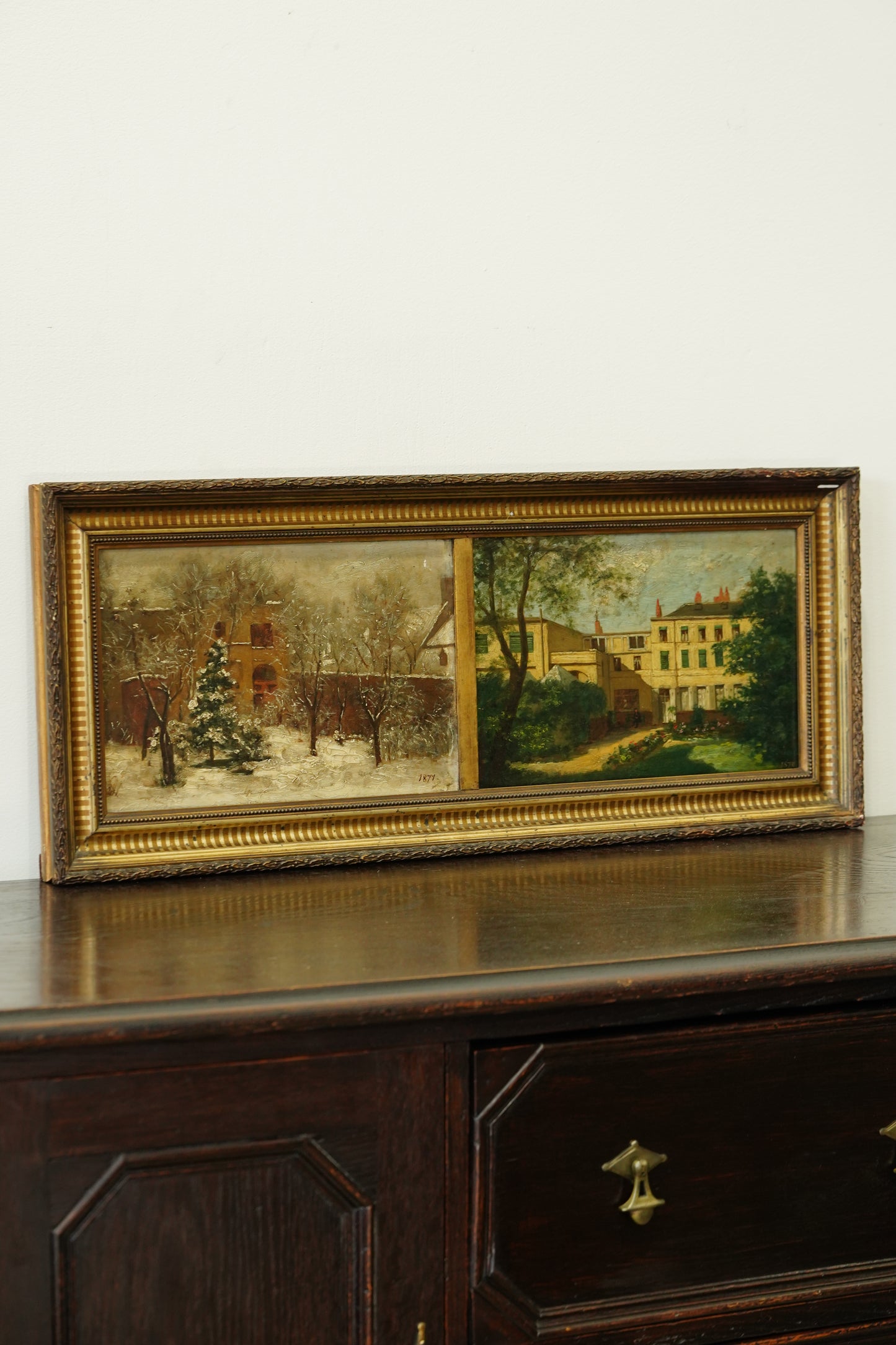Antique Double Oil Painting House in Summer and Winter, Circa 1870