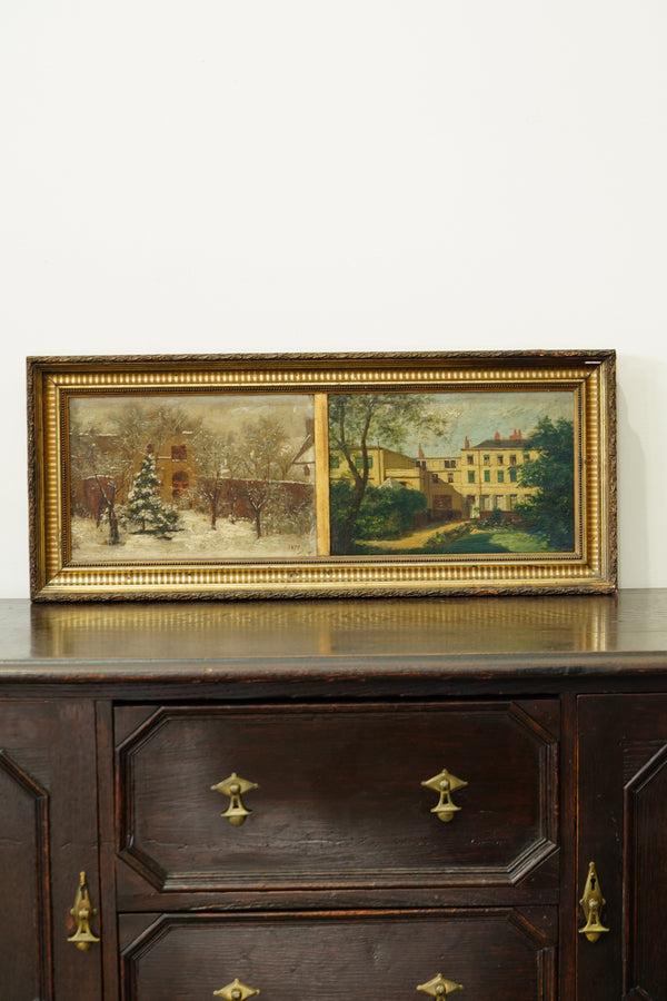 Antique Double Oil Painting House in Summer and Winter, Circa 1870 secondary view