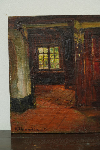 Antique Belgian Interior Oil Painting, K. Theunissen