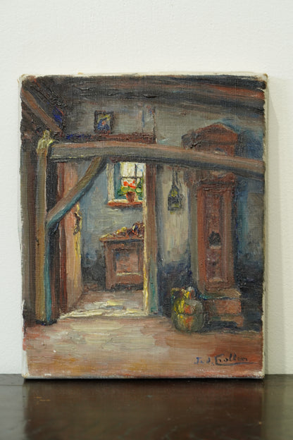 Vintage Flemish Interior Oil Painting, Cottage Doorway with Geranium