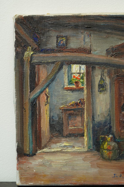 Vintage Flemish Interior Oil Painting, Cottage Doorway with Geranium
