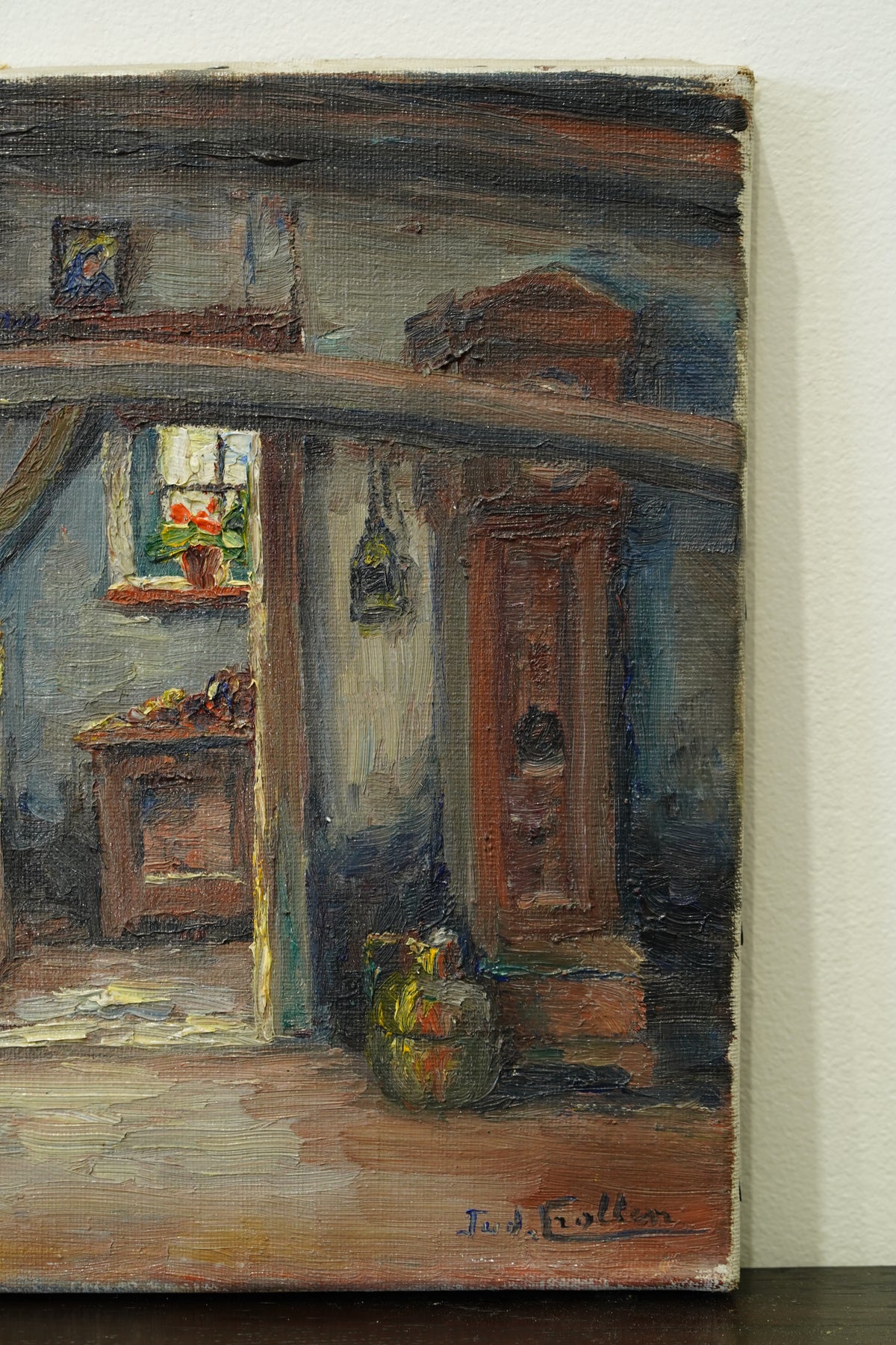 Vintage Flemish Interior Oil Painting, Cottage Doorway with Geranium