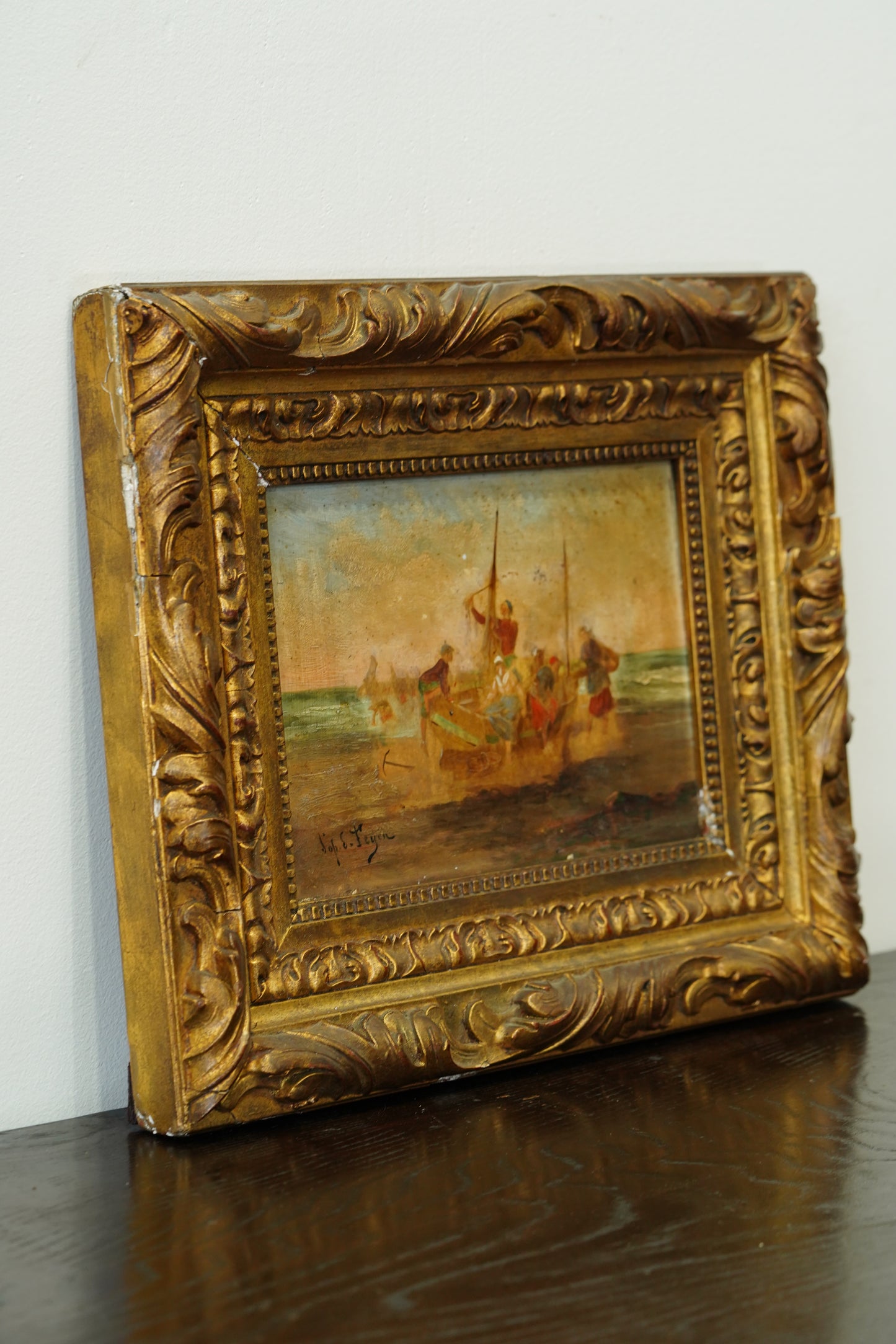 Antique Oil Painting Fishermen Beach Boat, Signed Feyen, Circa 1880