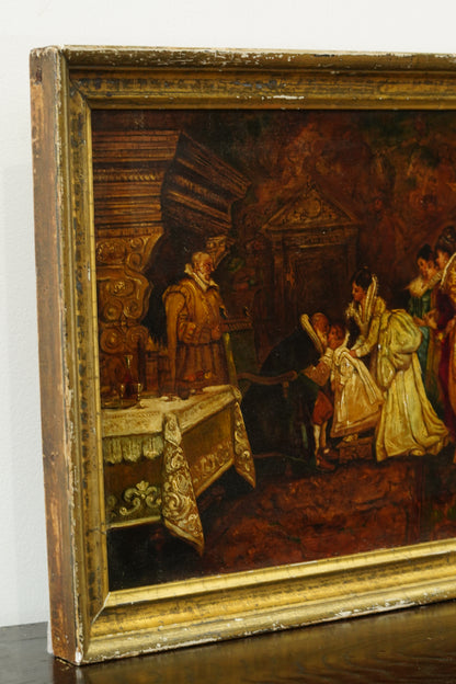 Antique Continental Court Scene Oil Painting, Circa 1880