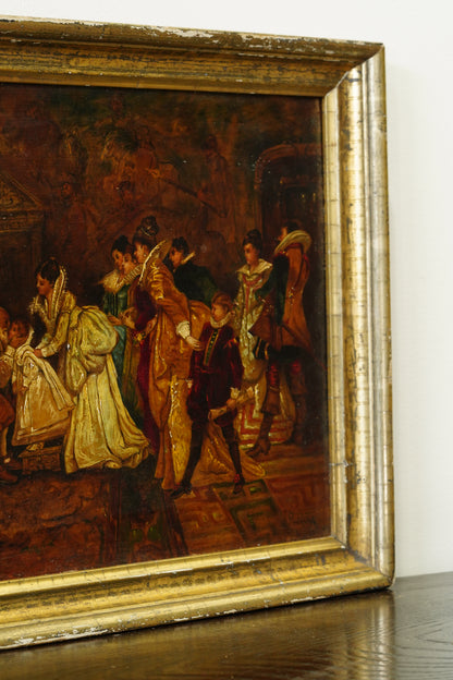Antique Continental Court Scene Oil Painting, Circa 1880
