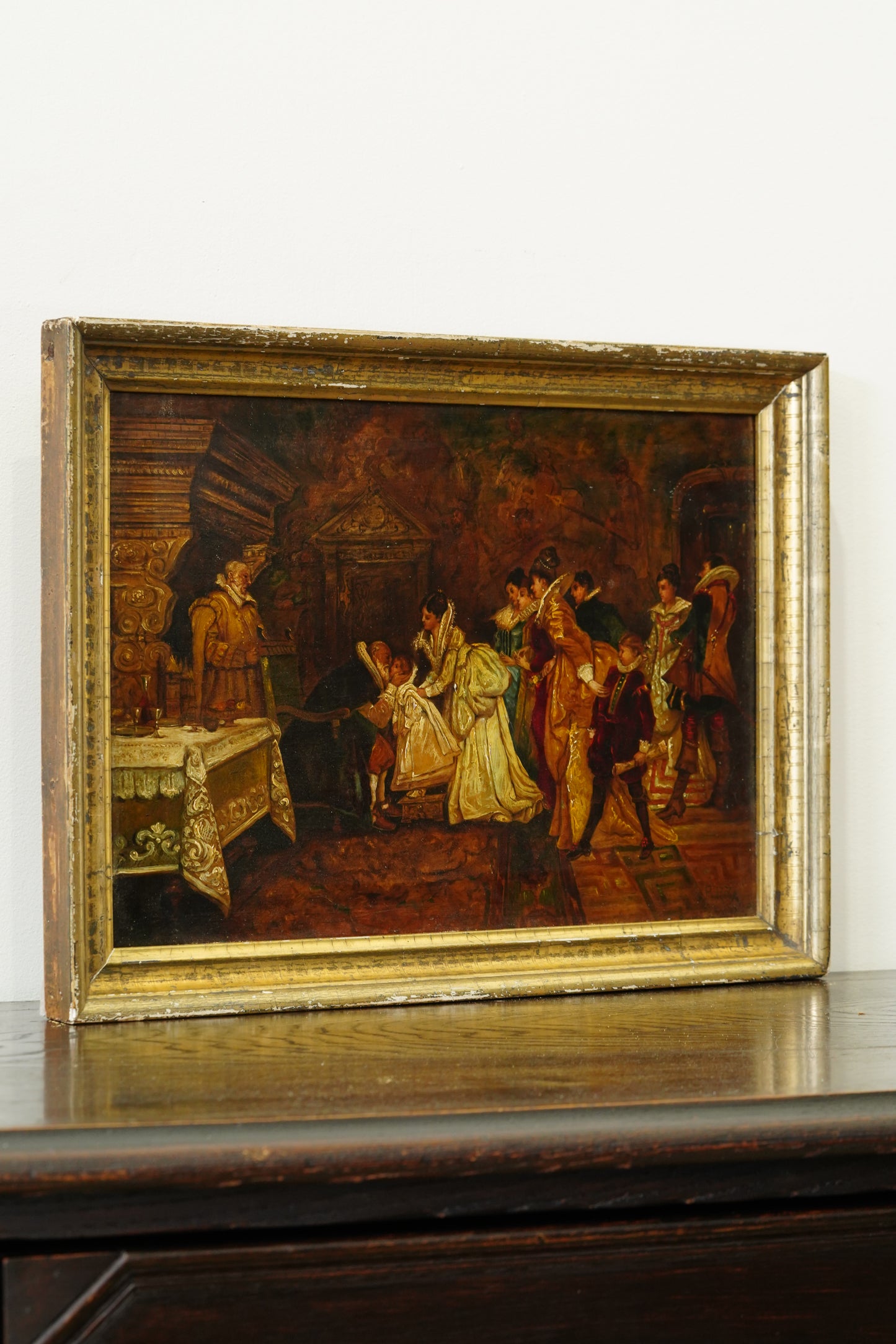 Antique Continental Court Scene Oil Painting, Circa 1880