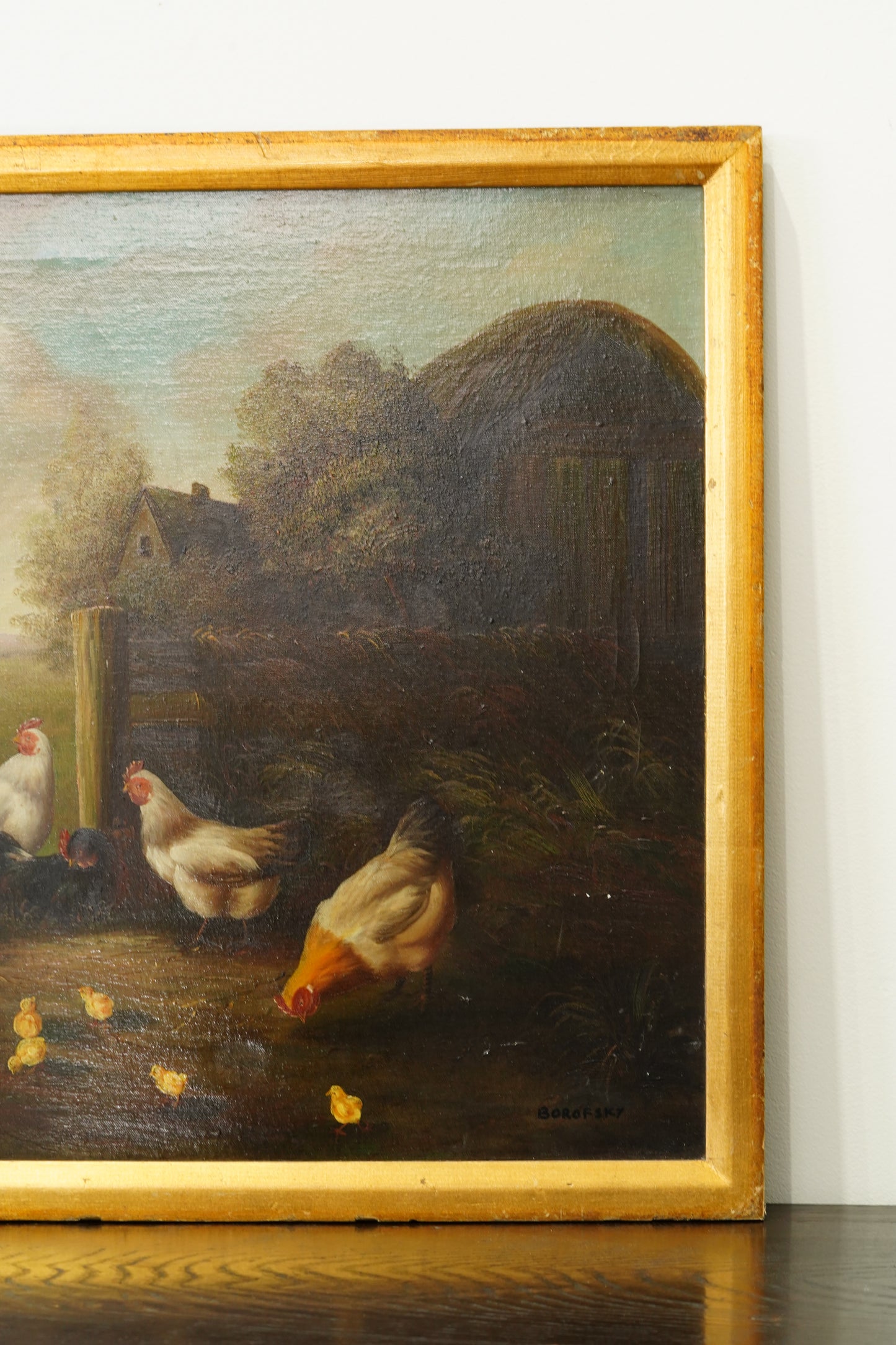 Signed Chicken Oil Painting Farmyard Rooster and Hens