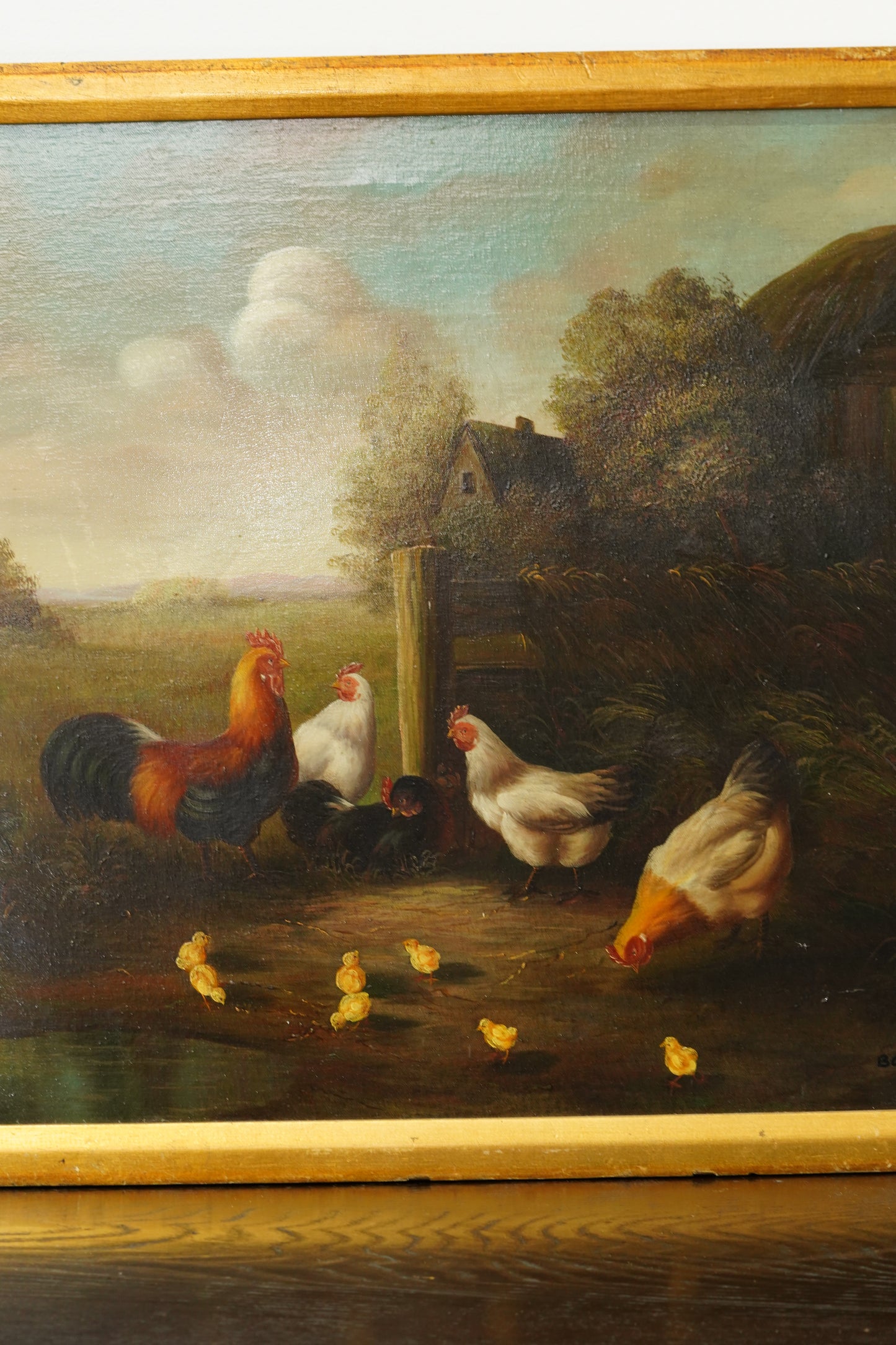 Signed Chicken Oil Painting Farmyard Rooster and Hens