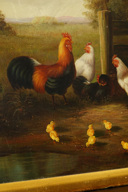 Signed Chicken Oil Painting Farmyard Rooster and Hens
