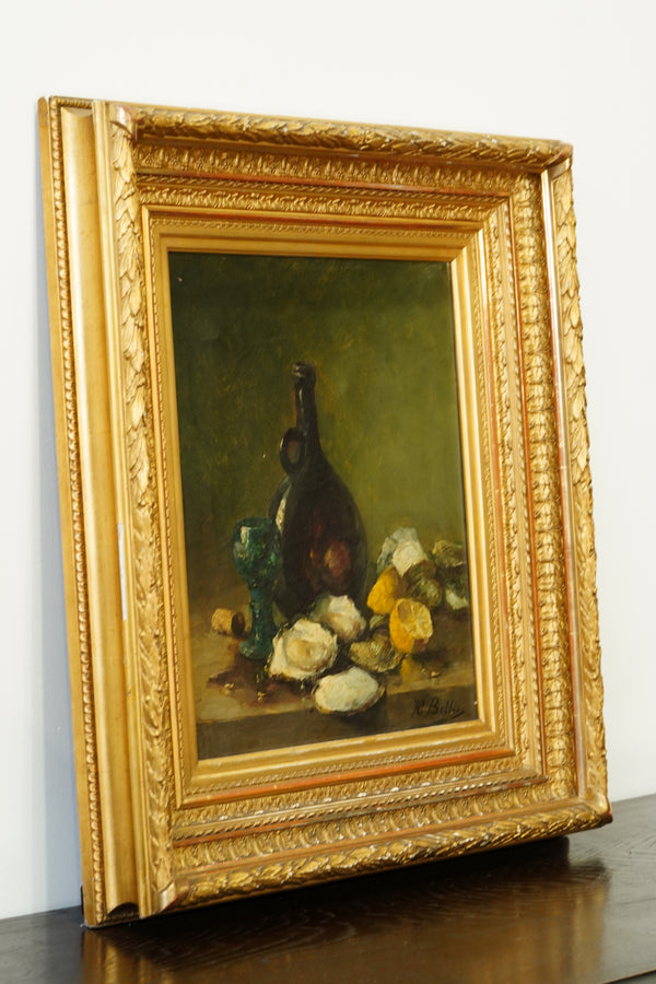 Antique Oyster Still Life Oil Painting Signed H. Bellis secondary view