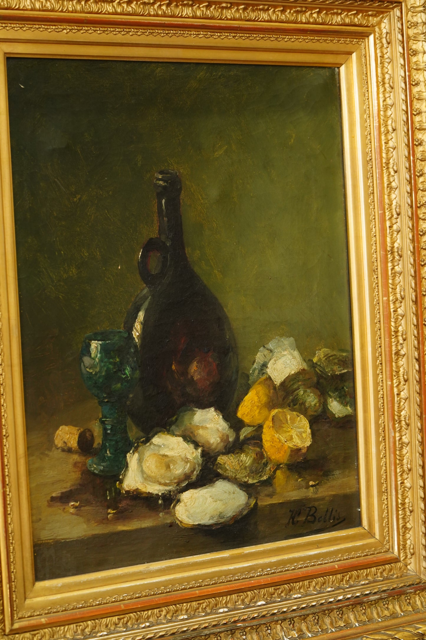 Antique Oyster Still Life Oil Painting Signed H. Bellis
