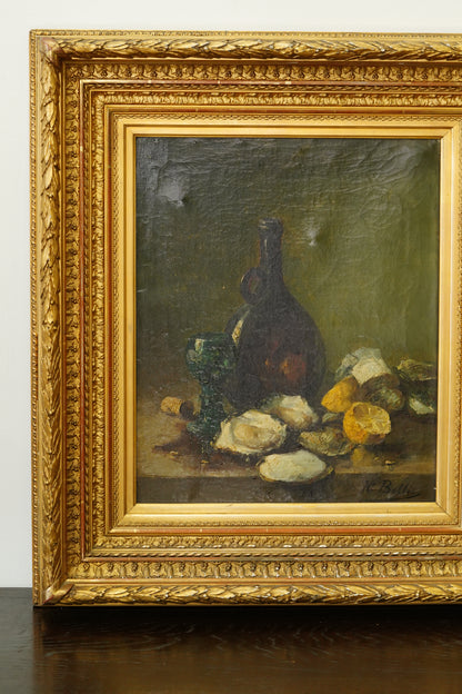 Antique Oyster Still Life Oil Painting Signed H. Bellis