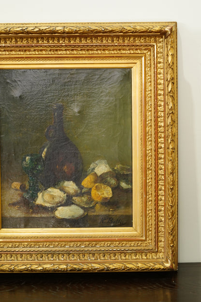 Antique Oyster Still Life Oil Painting Signed H. Bellis