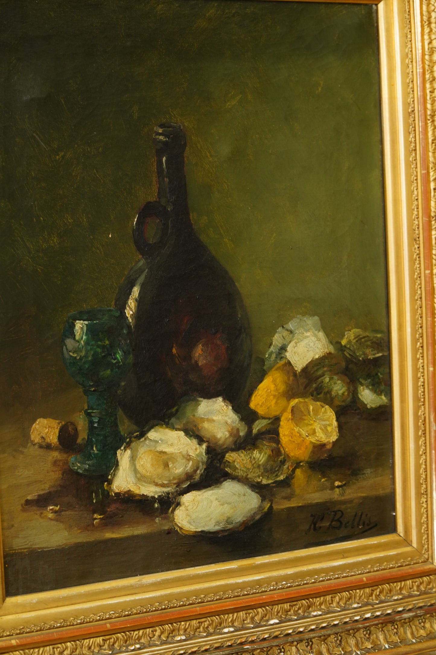 Antique Oyster Still Life Oil Painting Signed H. Bellis