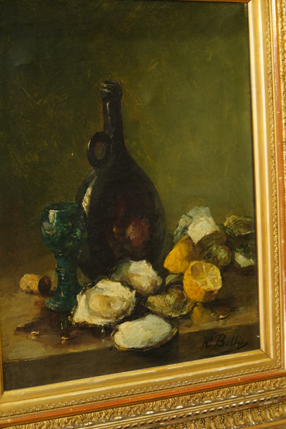 Antique Oyster Still Life Oil Painting Signed H. Bellis