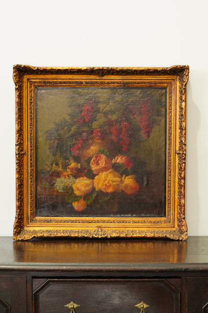 Antique Dutch Style Flower and Fruit Oil Painting, Circa 1900