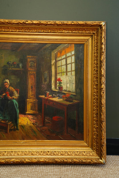 Antique Belgian Interior Oil Painting