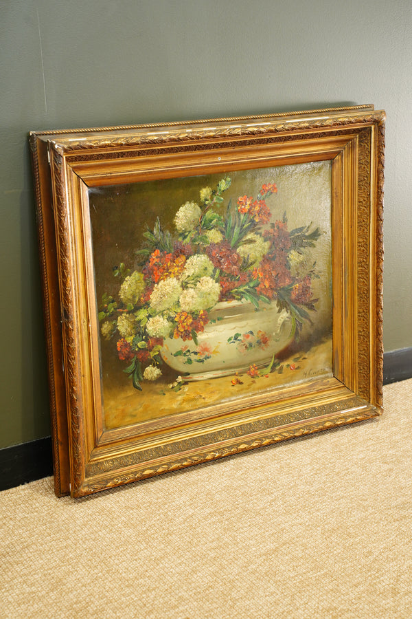 Signed Antique French Oil Painting Floral Still Life in Tureen secondary view