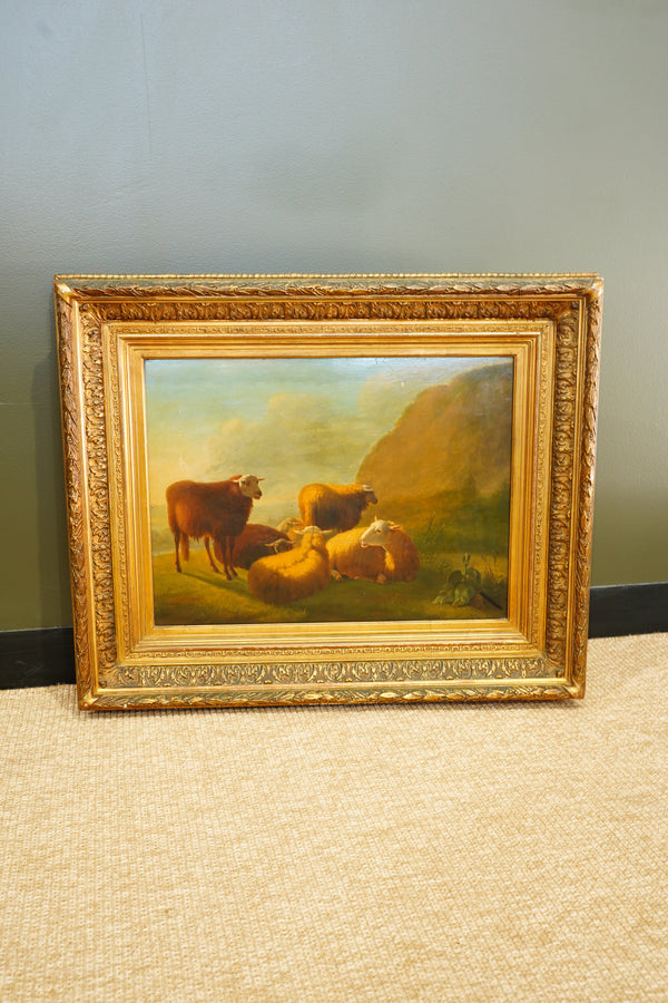 Antique Sheep Oil Painting Landscape, Oil on Board secondary view