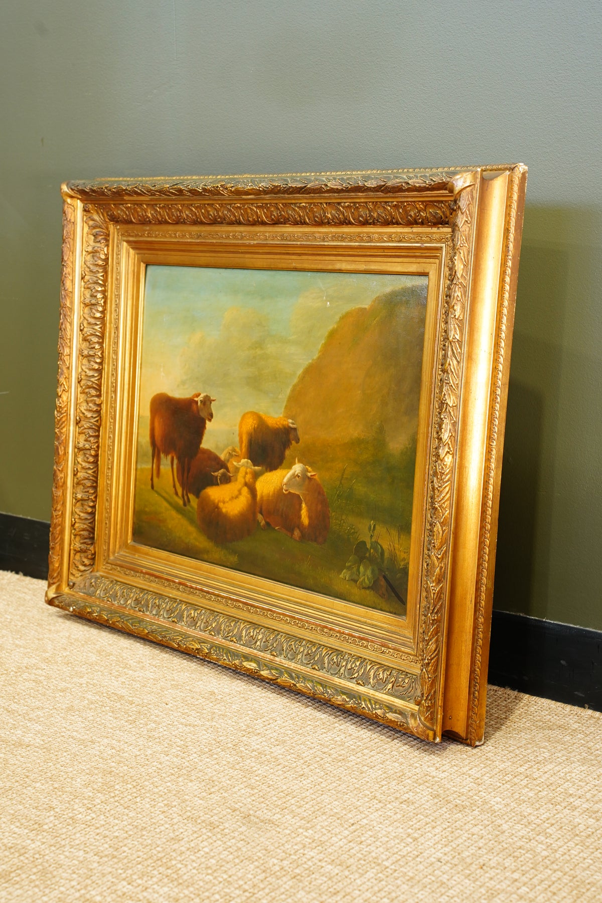Antique Sheep Oil Painting Landscape, Oil on Board