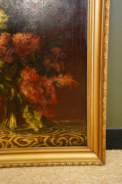 Antique Signed European Still Life of Hydrangeas Oil Painting