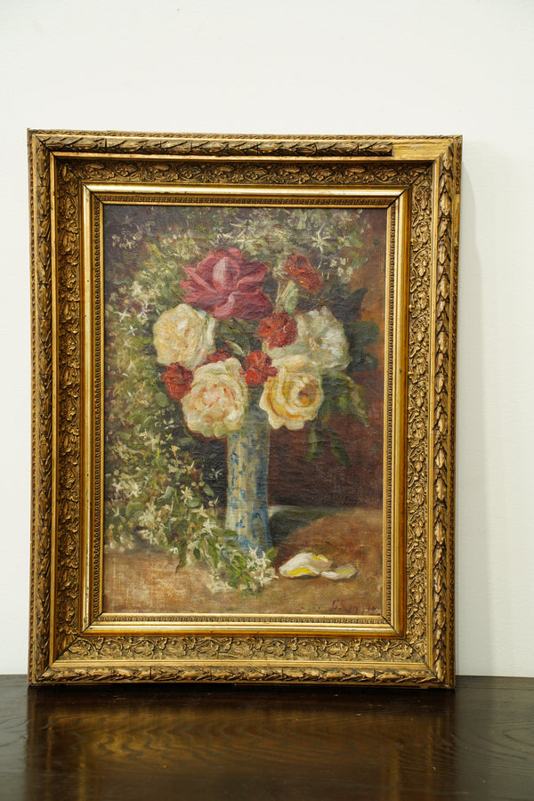 Antique French Rose Oil Painting, Floral Still Life, Ca. 1900 secondary view