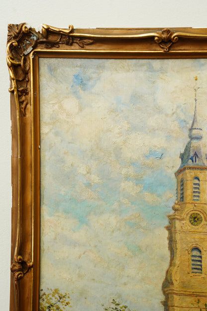 Antique Belgian Church Oil Painting, Signed A. Barth