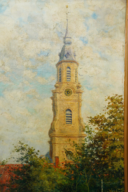 Antique Belgian Church Oil Painting, Signed A. Barth