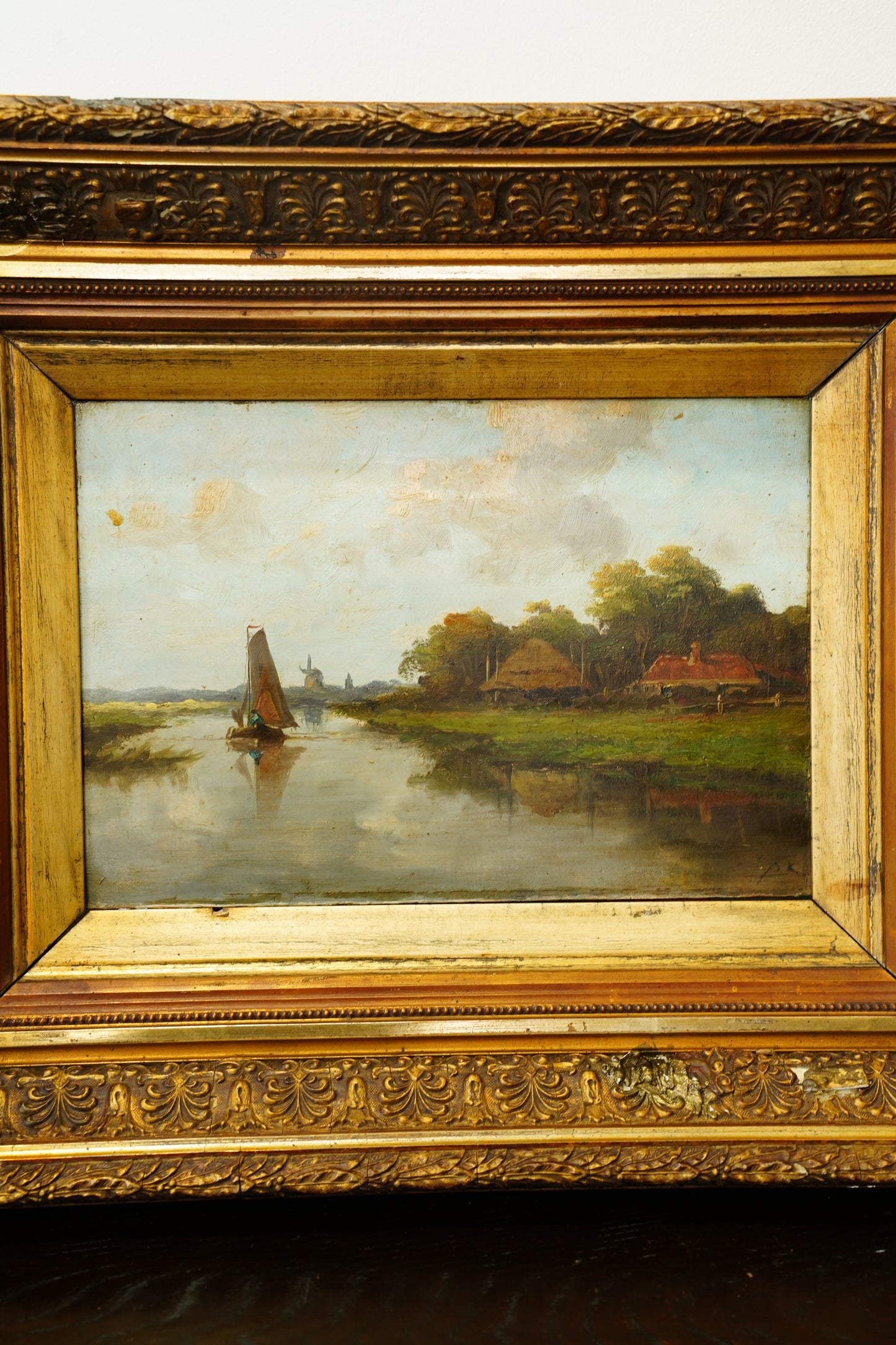 Antique Signed Dutch River Landscape Oil Painting, Circa 1890