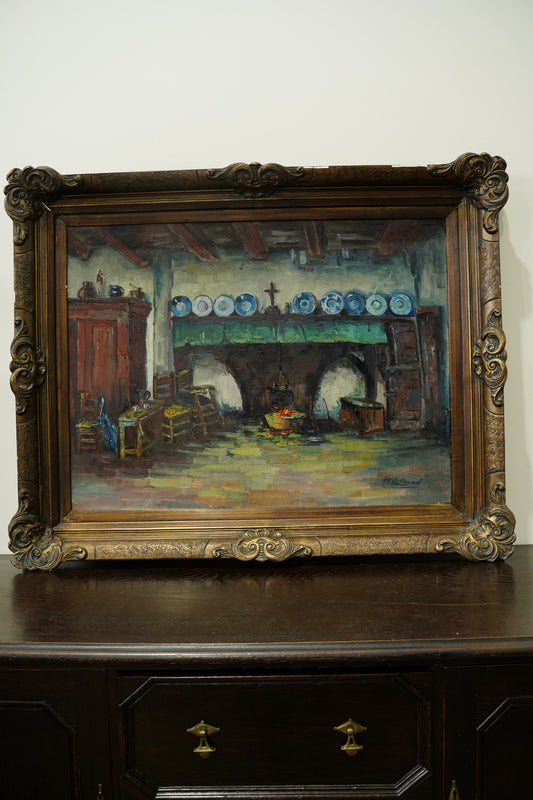 Antique European Kitchen Interior Fireplace Oil Painting