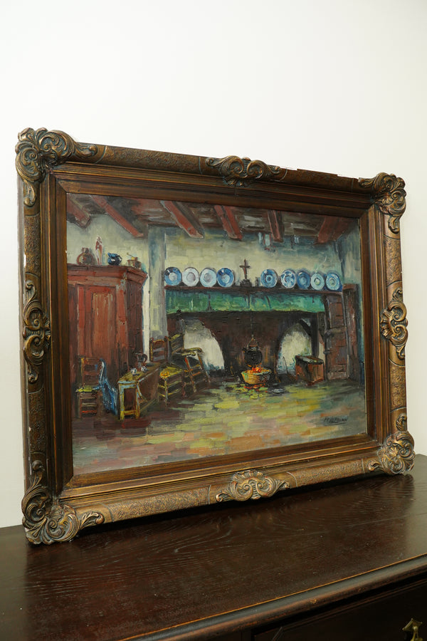 Antique European Kitchen Interior Fireplace Oil Painting secondary view