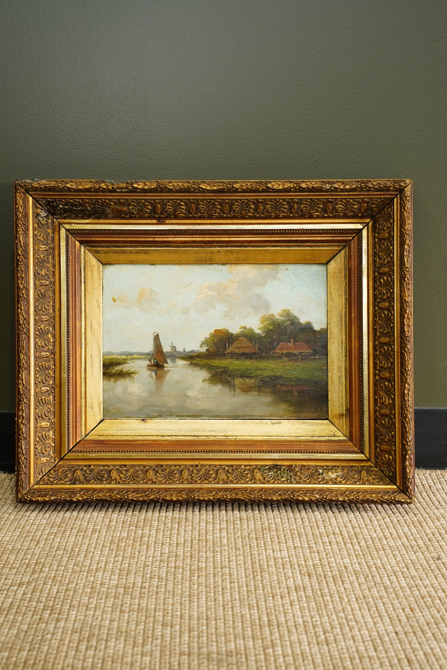 Antique Signed Dutch River Landscape Oil Painting, Circa 1890