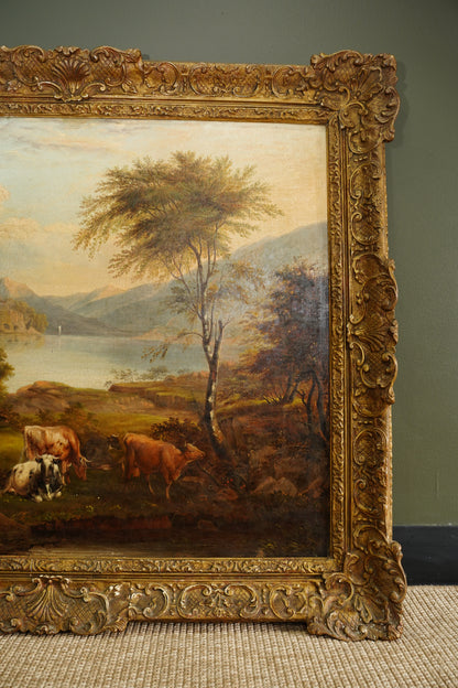 Antique British Cow Oil Painting Lake Landscape, Circa 1875